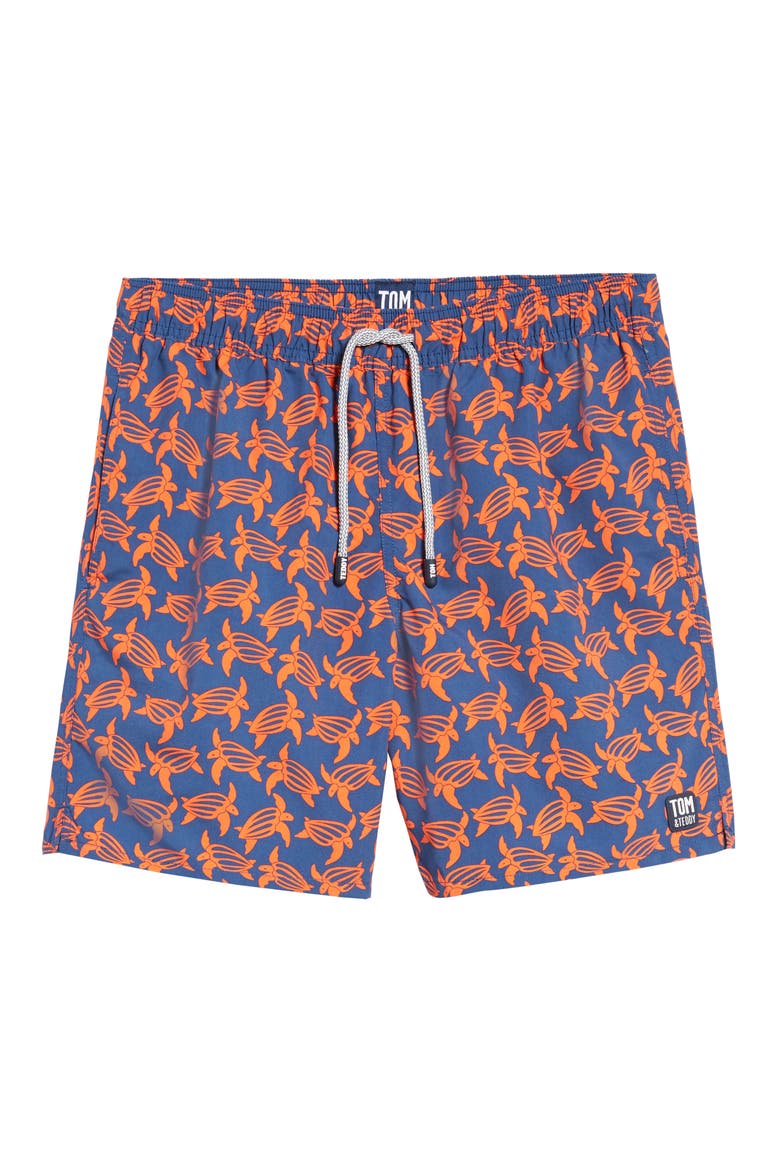 Turtle Print Swim Trunks, Alternate, color, NAVY/ ORANGE