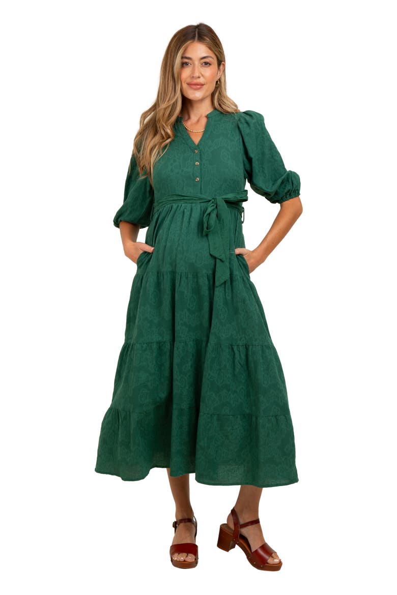Floral Jacquard Button Front Tiered Dress, Alternate, color, Forest Green