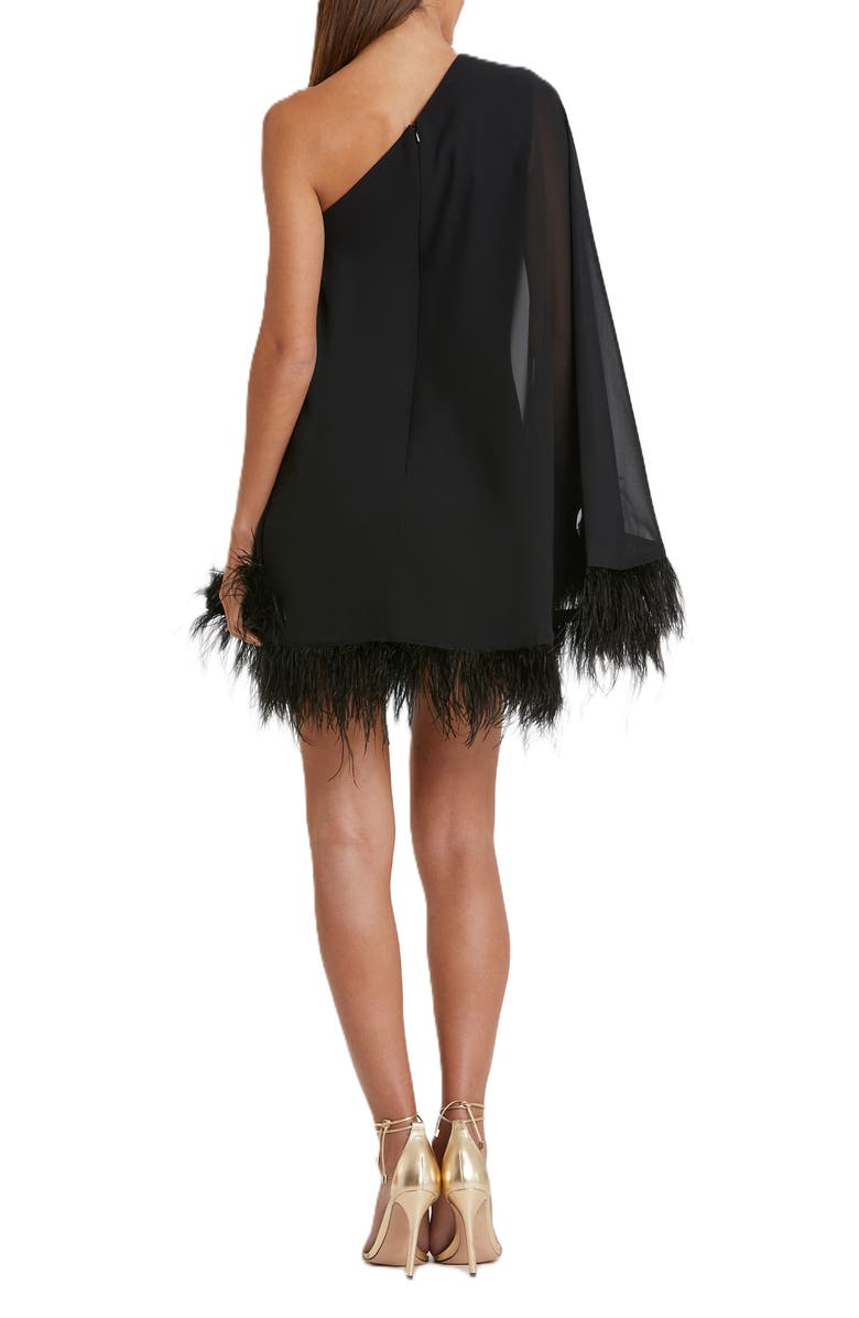 Mac Duggal One Shoulder Trapeze Dress with Feather Trim, Alternate, color, Black