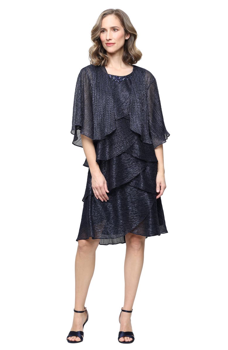 SL FASHIONS Metallic Tiered Sleeveless Dress with Jacket, Alternate, color, Navy