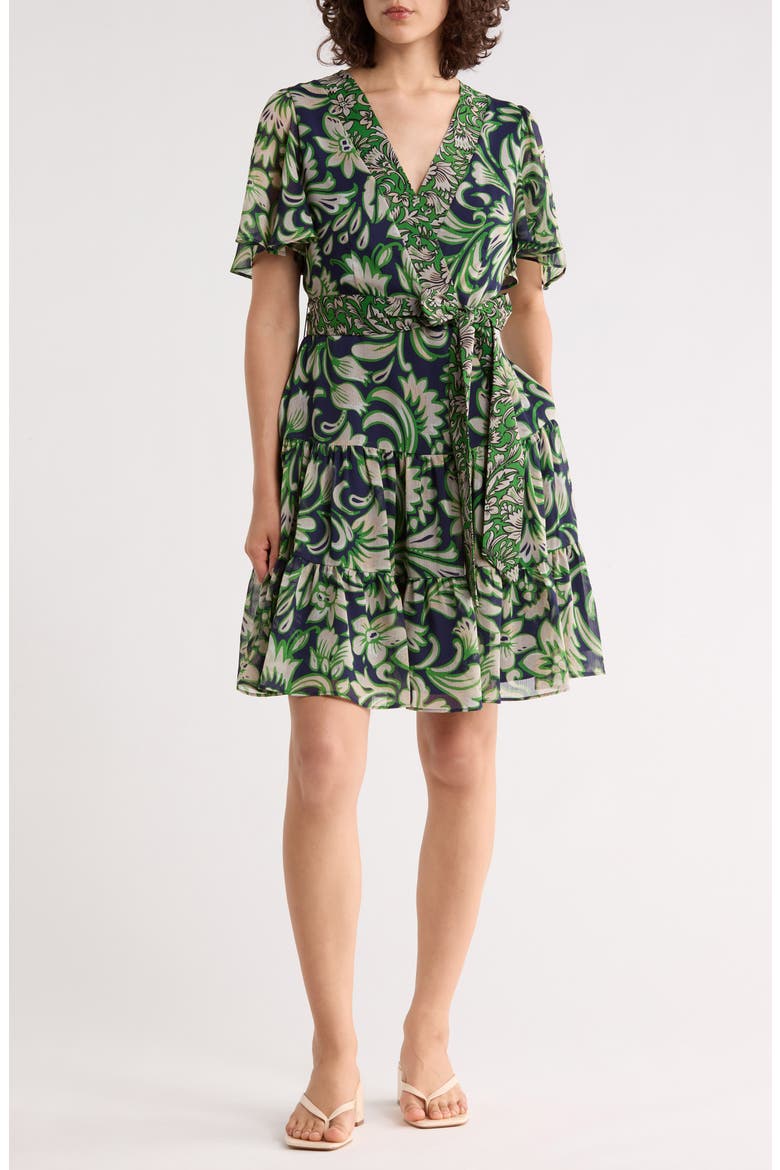 Floral V-Neck Flutter-Sleeved Minidress, Main, color, NAVY GREEN