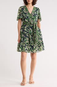 Eliza J Floral V-Neck Flutter-Sleeved Minidress