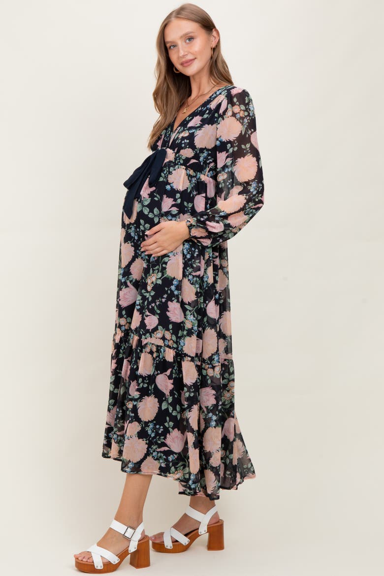 Floral Chiffon Bow Tie Front Maxi Dress, Alternate, color, Navy Blue