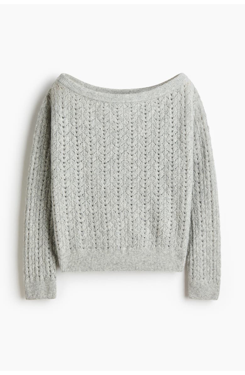 H&M Pointelle-knit off-the-shoulder sweater, Alternate, color, Light Gray