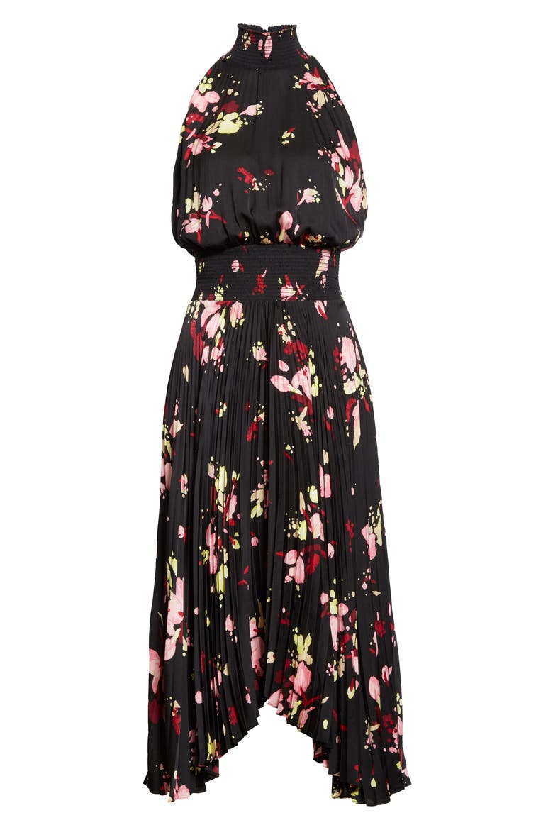 Renzo Floral Pleated Midi Dress, Alternate, color, BLACK/ PINK/ YUZU