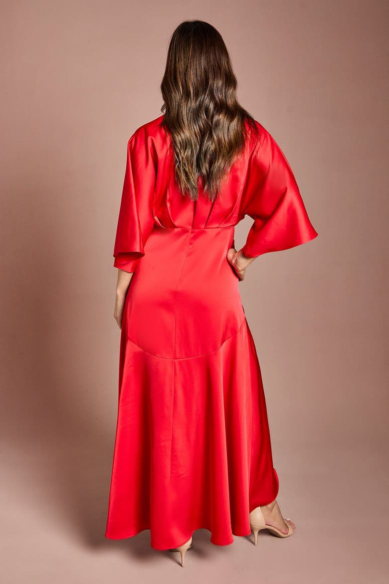 Satin Back Crepe Ruffle Wrap Midi Dress, Alternate, color, Flame Red