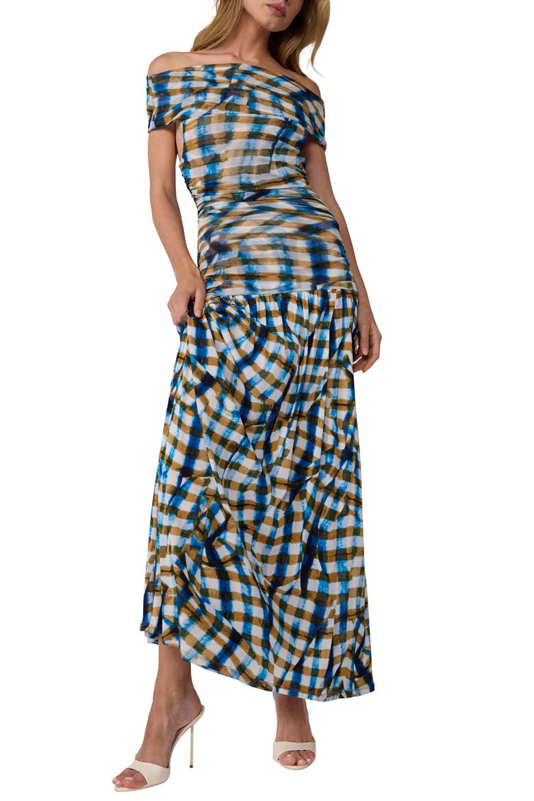 Cynthia Plaid Off the Shoulder Drop Waist Dress, Alternate, color, PICNIC PLAID CORFU