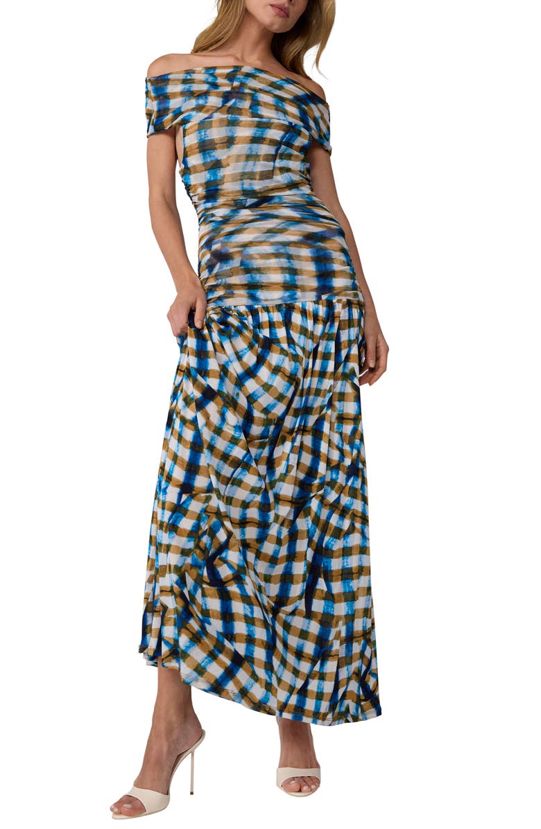 Diane von Furstenberg Cynthia Plaid Off the Shoulder Drop Waist Dress, Alternate, color, Picnic Plaid Corfu
