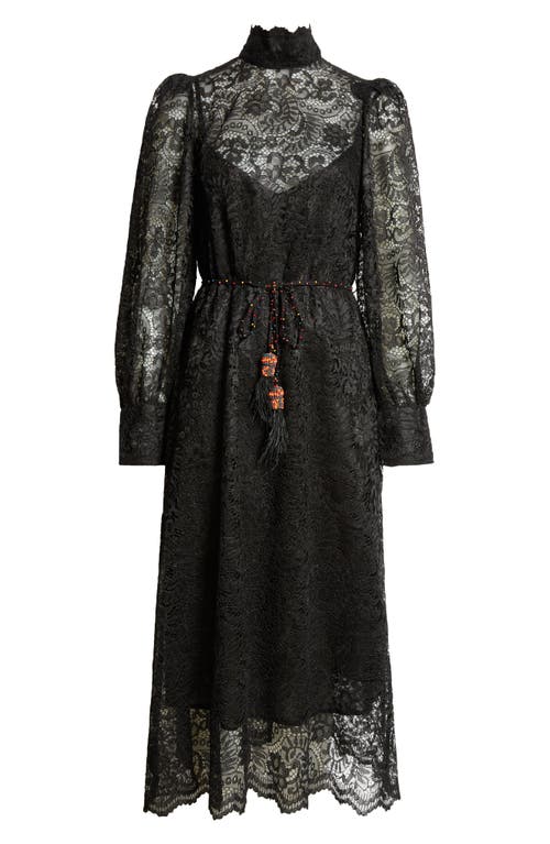Farm Rio Lace Tie Belt Long Sleeve Dress In Black
