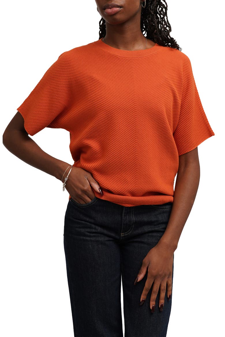 Chevron Rib Short Sleeve Sweater, Main, color, SPCED HEATHER
