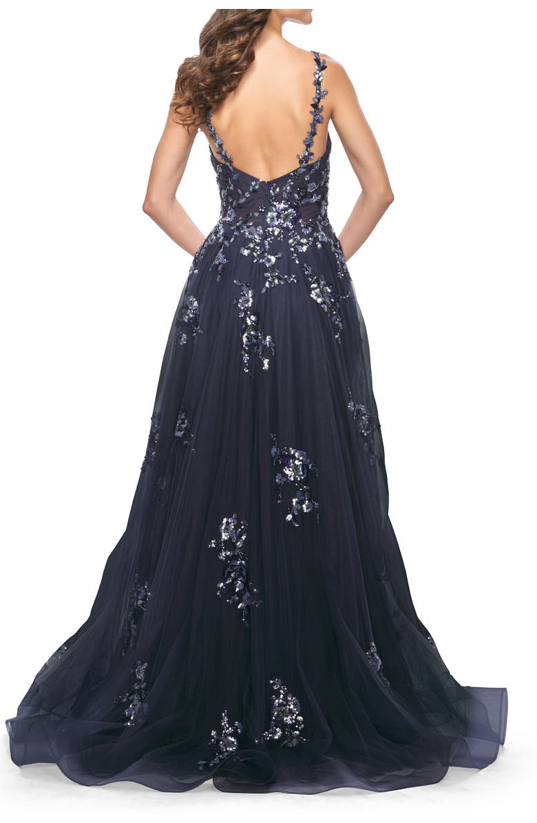 La Femme A-Line Tulle and Floral Sequin Gown with High Slit, Alternate, color, Navy