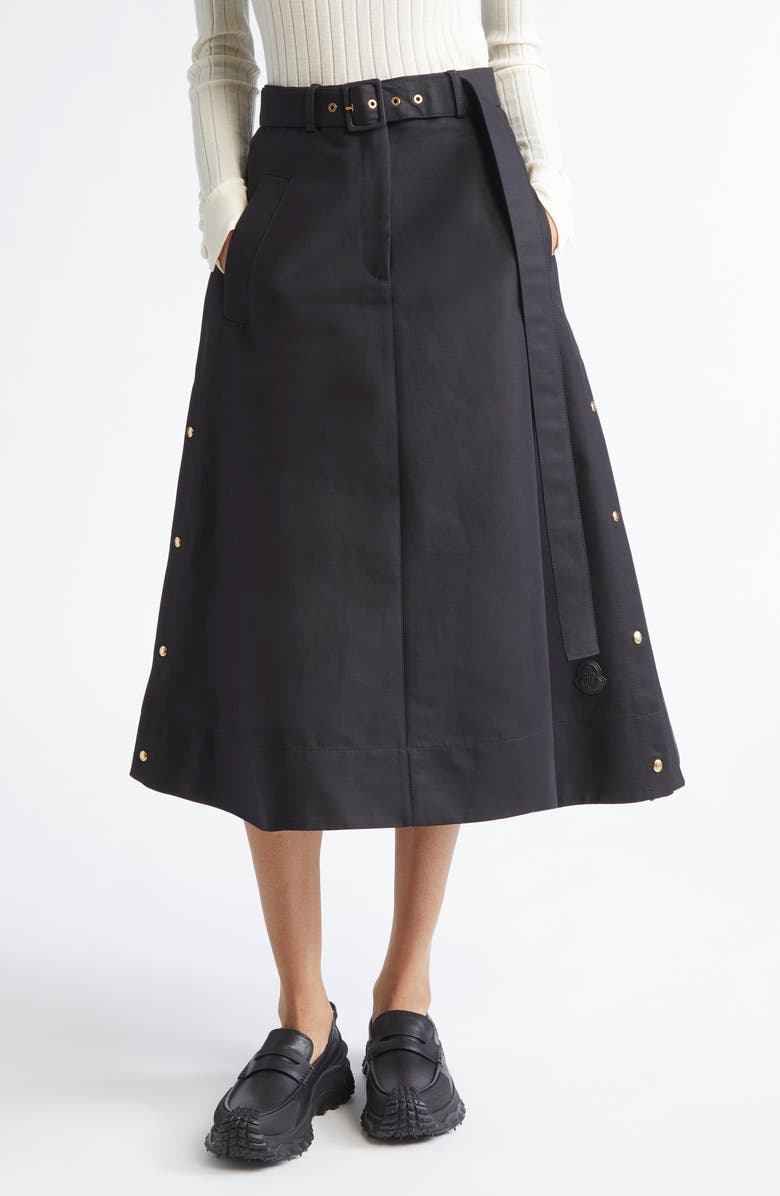 Moncler Belted A-Line Skirt, Main, color, Black