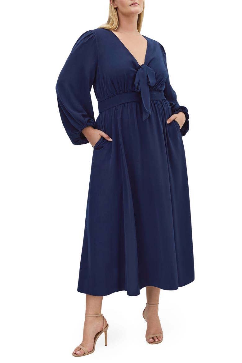 Ivanna Tie Neck Long Sleeve Maxi Dress, Main, color, NAVY