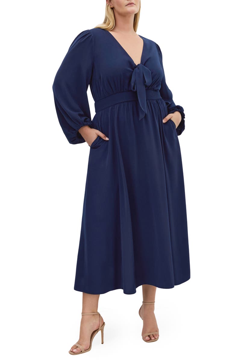 City Chic Ivanna Tie Neck Long Sleeve Maxi Dress, Main, color, 