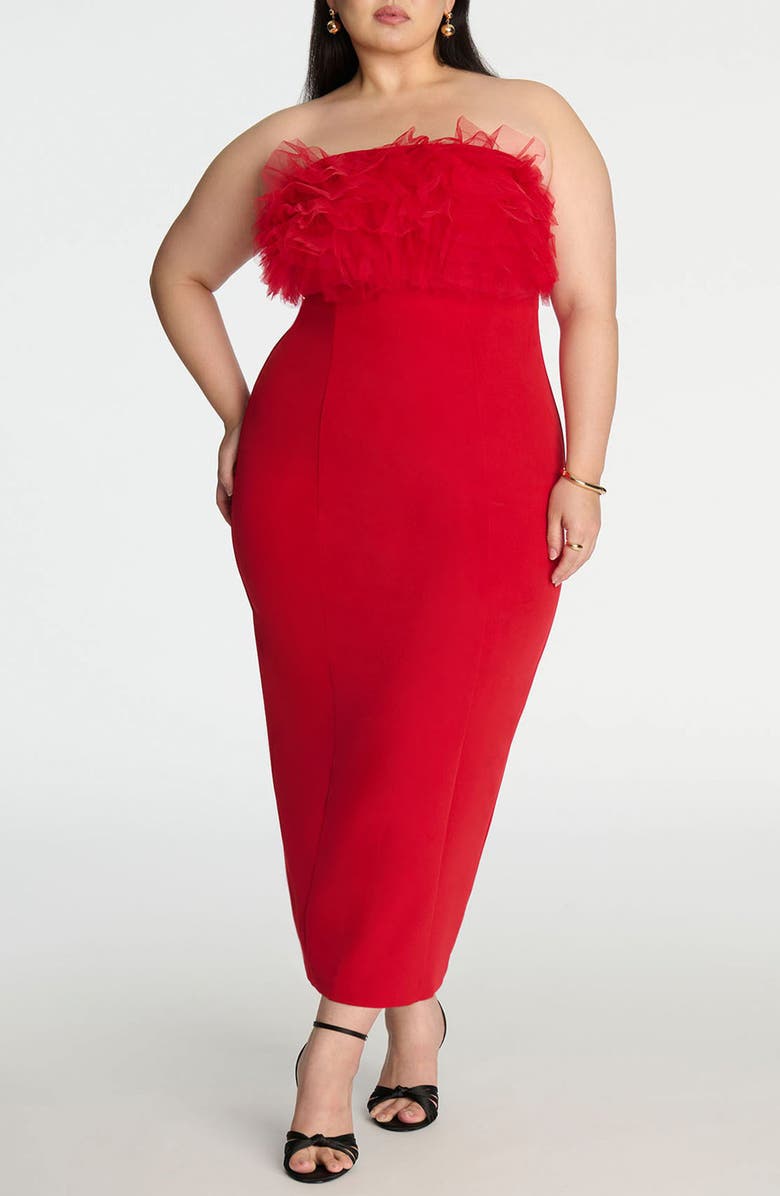 ELOQUII Tulle Ruffle Strapless Column Gown, Main, color,