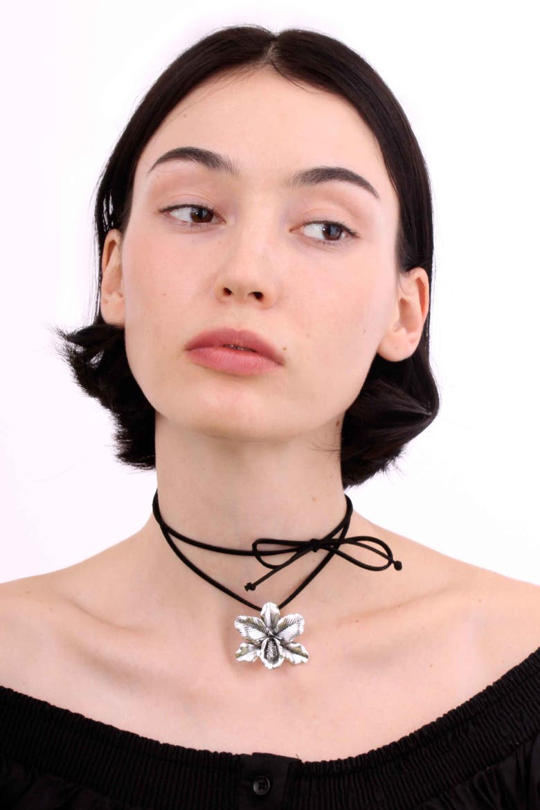 Suede Orchid Choker Necklace, Alternate, color, Black