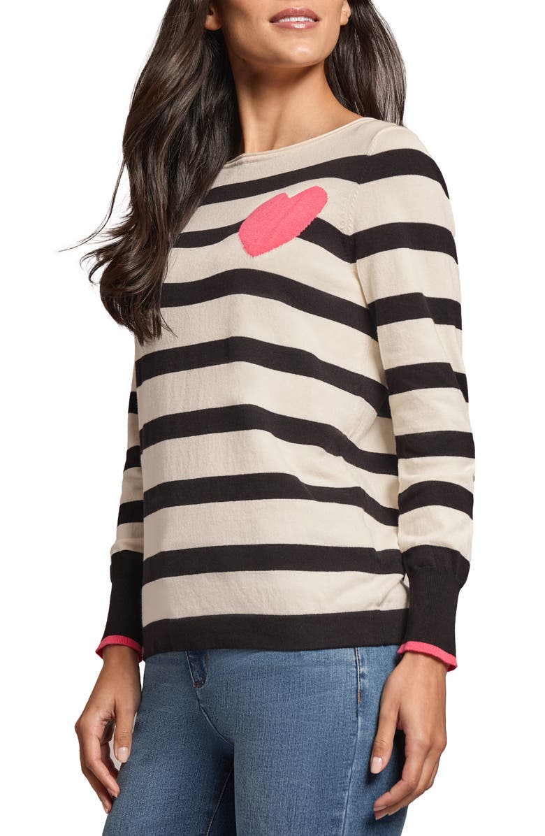 Jones New York Stripe Heart Boat Neck Sweater, Alternate, color, 