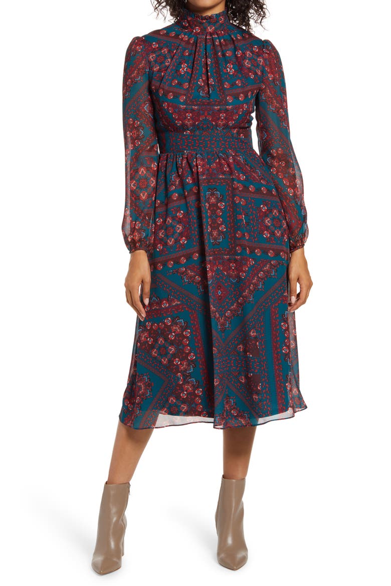 Tile Print Mock Neck Long Sleeve Midi Dress, Main, color, TEAL MULTI