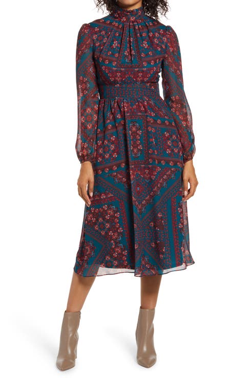 Tile Print Mock Neck Long Sleeve Midi Dress