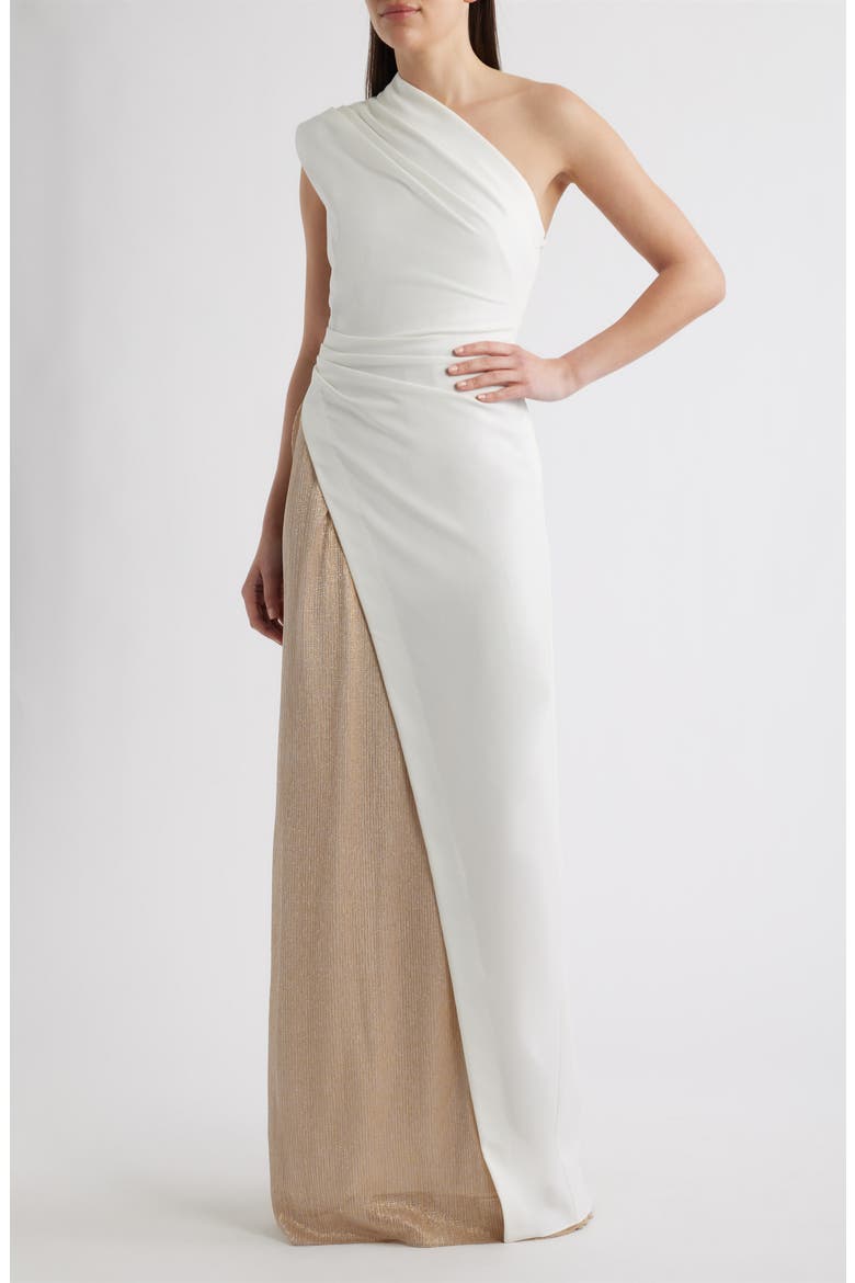 Marigold One-Shoulder Mixed Media Gown, Main, color, SAND LIGHT