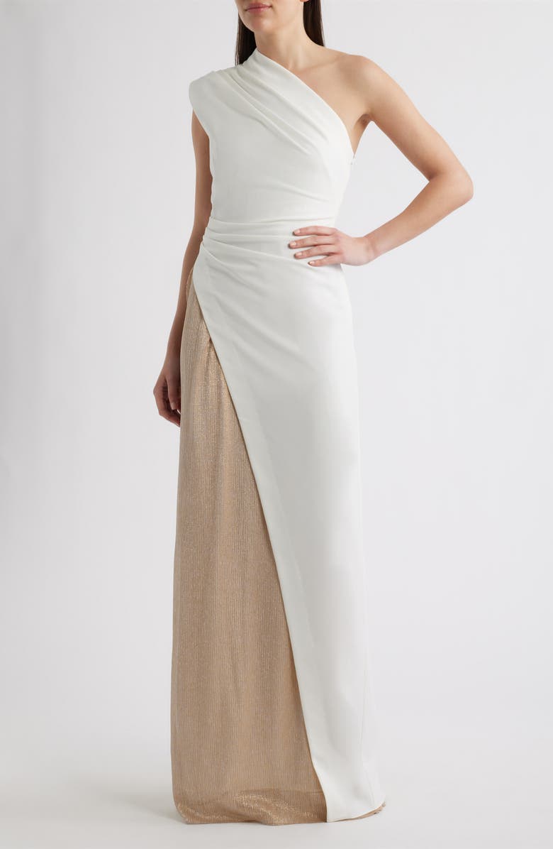 Black Halo Marigold One-Shoulder Mixed Media Gown, Main, color, Sand Light