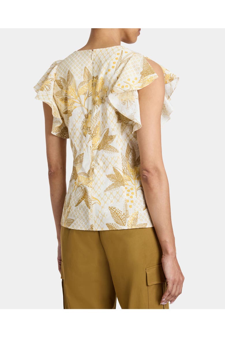 ELLA Flutter Sleeve Buttoned Blouse with Waist Panel in Floral Printed Cotton Cloque, Alternate, color, CHAMOMILE