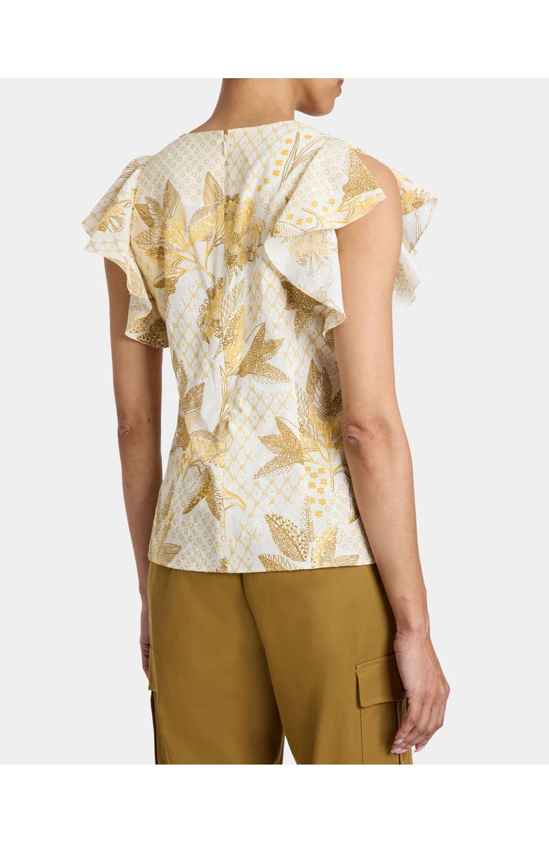 Santorelli ELLA Flutter Sleeve Buttoned Blouse with Waist Panel in Floral Printed Cotton Cloque, Alternate, color, Chamomile