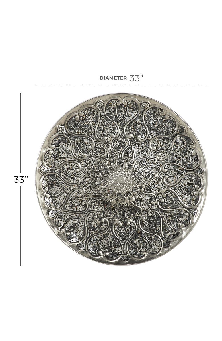 WILLOW ROW Large Round Silver Aluminum Wall Decor with Mosaic Mirror Detail - 33" x 33", Alternate, color,