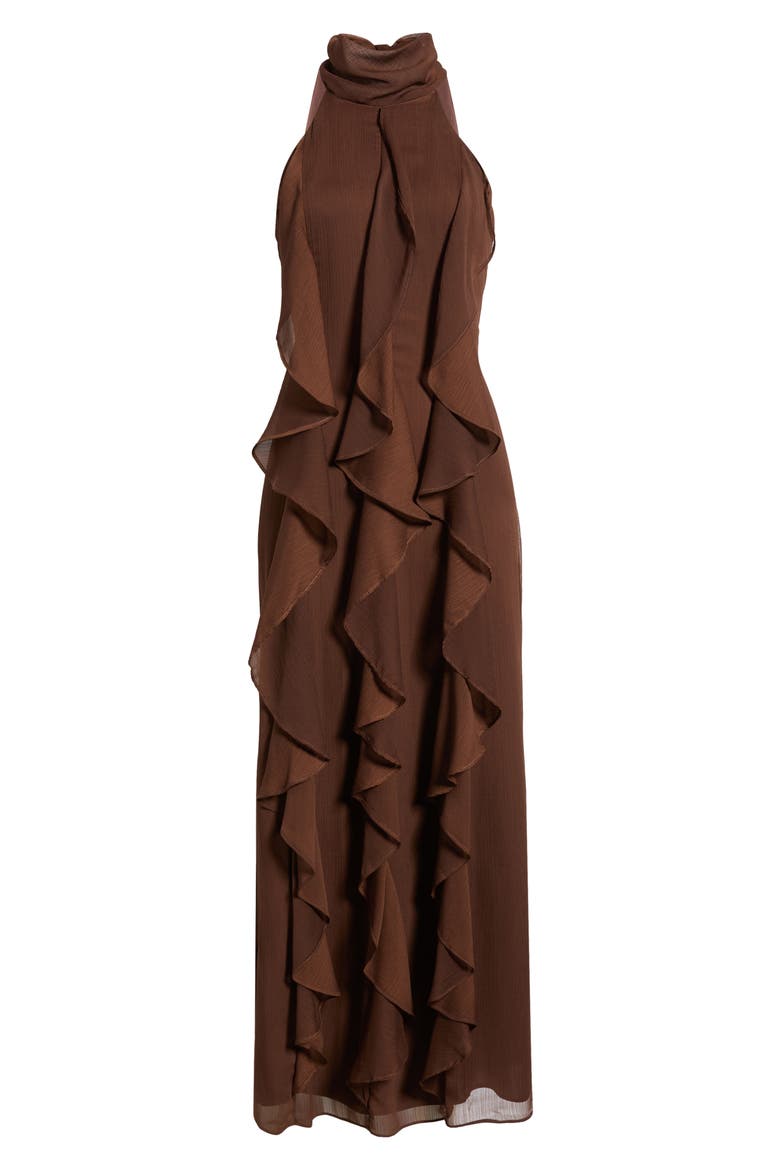 Cascade Ruffle Halter Gown, Alternate, color, CHOCOLATE