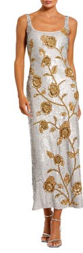 Mac Duggal Embellished Floral Sequin Mesh Midi Dress