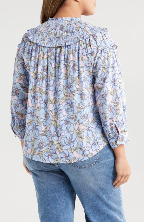 Wit & Wisdom Print Smocked Yoke Top In Rose Bloom/blue Crush Multi