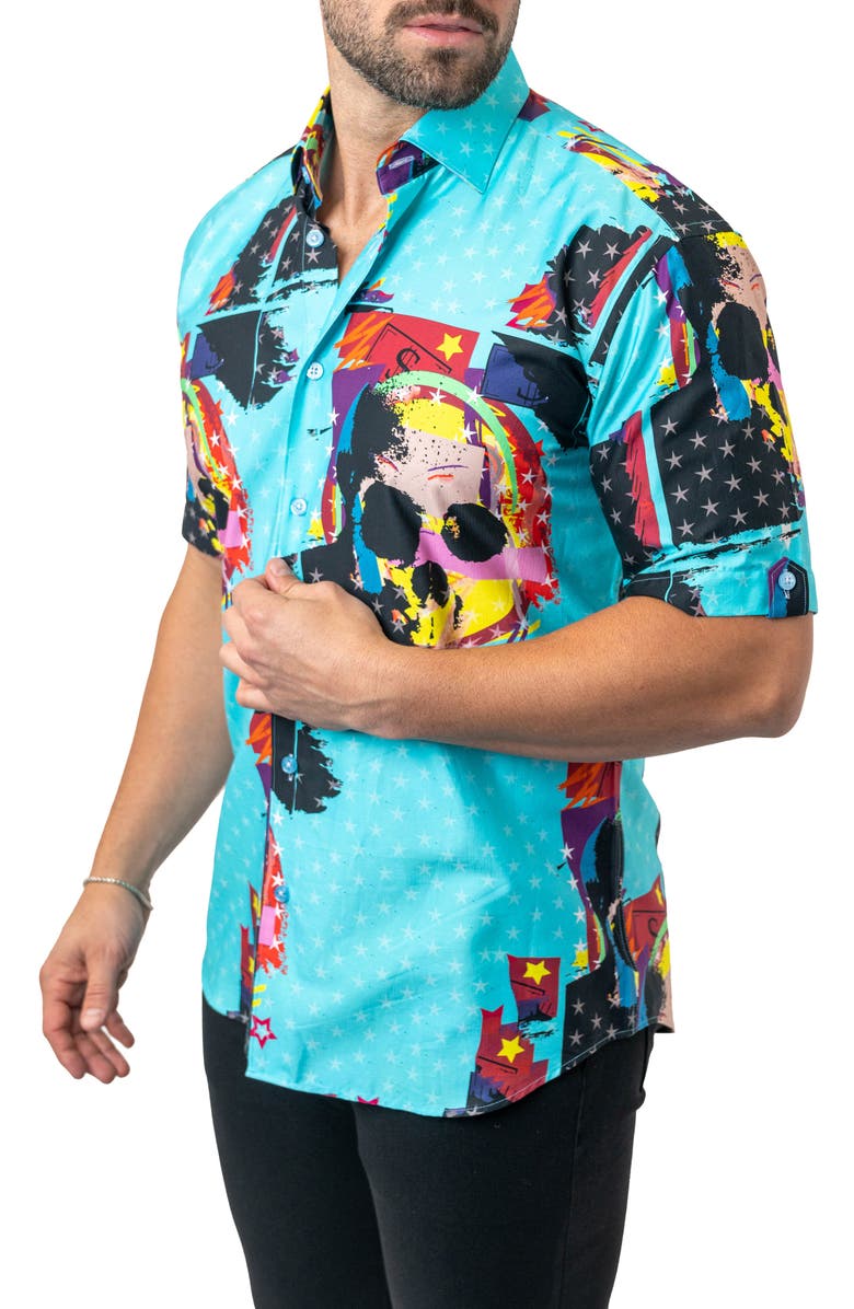 Maceoo Galileo Skullstar Blue Short Sleeve Button-Up Shirt, Alternate, color, 