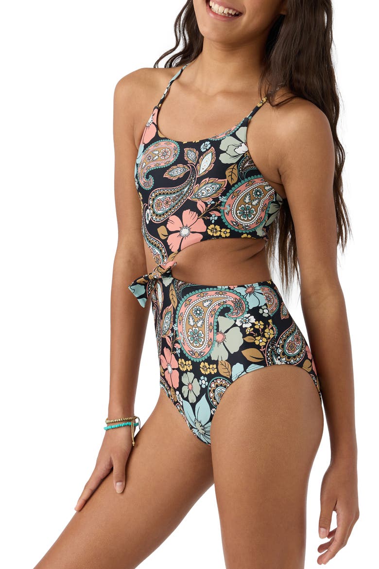 Kids' Mod Boho Knot Front One-Piece Swimsuit, Alternate, color, BLACK