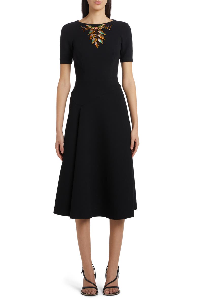 Etro Leaf Embroidered Short Sleeve Virgin Wool Midi Dress, Main, color, 
