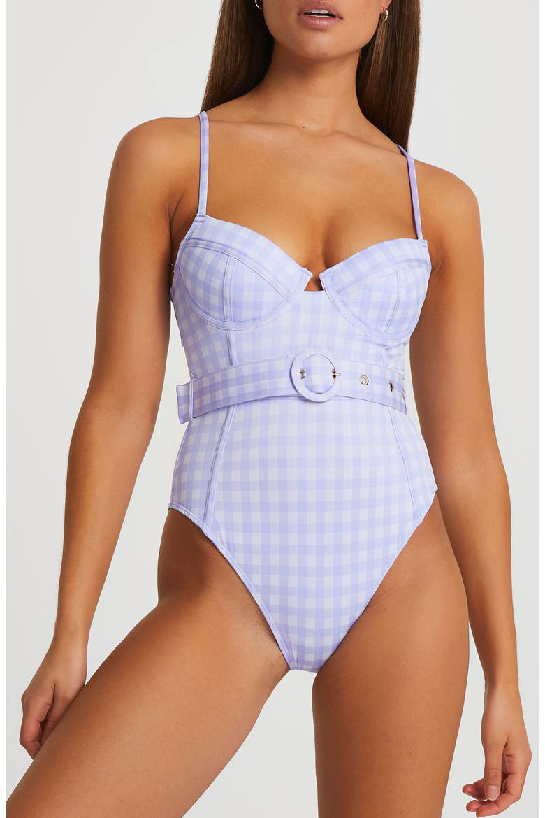 Belted Structured Gingham Underwire One-Piece Swimsuit, Alternate, color, LIGHT PURPLE