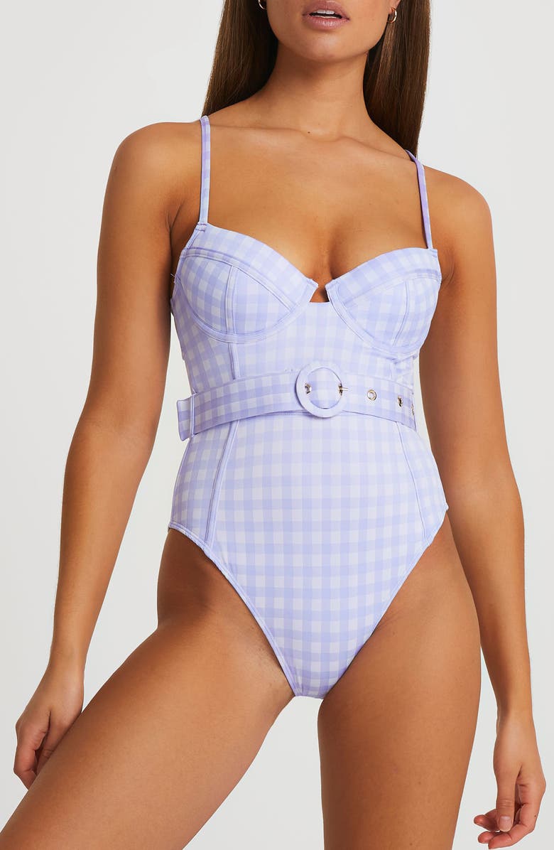 River Island Belted Structured Gingham Underwire One-Piece Swimsuit, Alternate, color, 