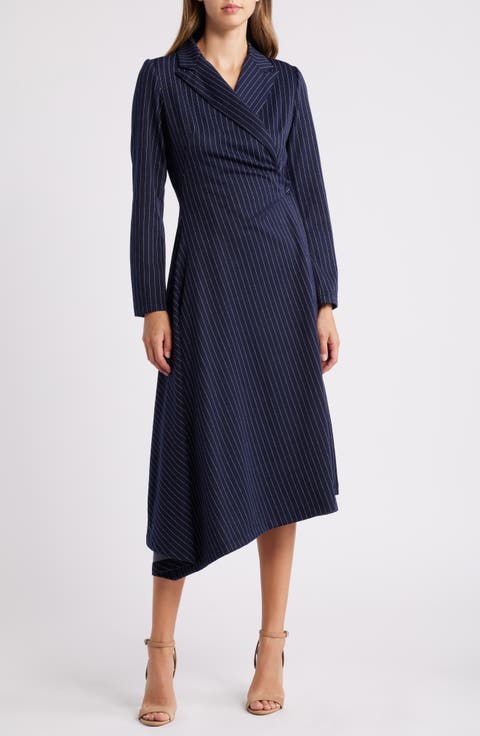 Pinstripe Long Sleeve Wrap Blazer Dress