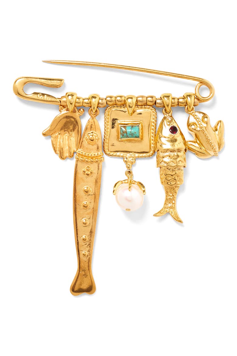 Charm Safety Pin Brooch, Main, color, YELLOW GOLD