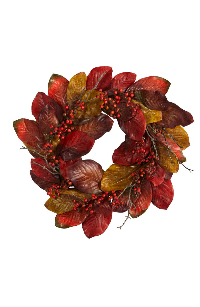 NEARLY NATURAL 24-in Harvest Magnolia Leaf and Berries Artificial Wreath, Main, color, Orange
