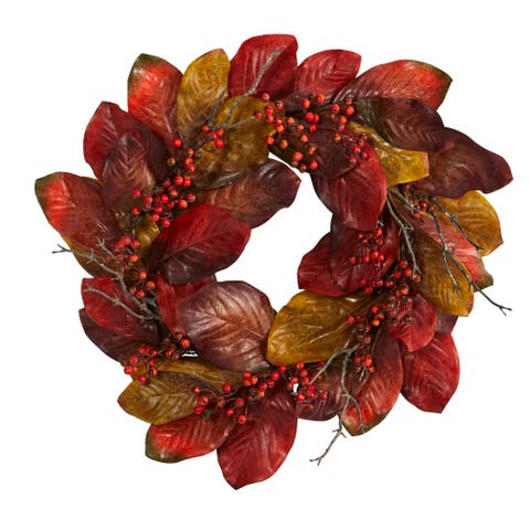 24-in Harvest Magnolia Leaf and Berries Artificial Wreath