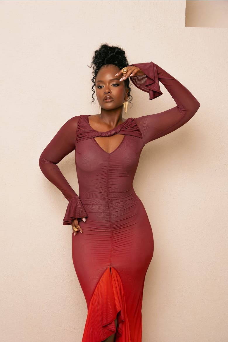 Dawn Hi-Low Ruffle Dress, Alternate, color, Burgundy