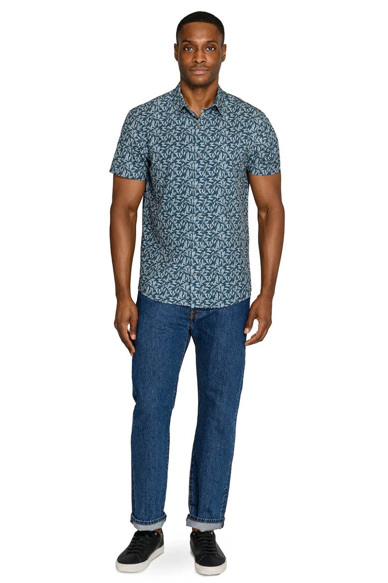 Leaf Print Short Sleeve Button-Up Shirt, Alternate, color, GREEN