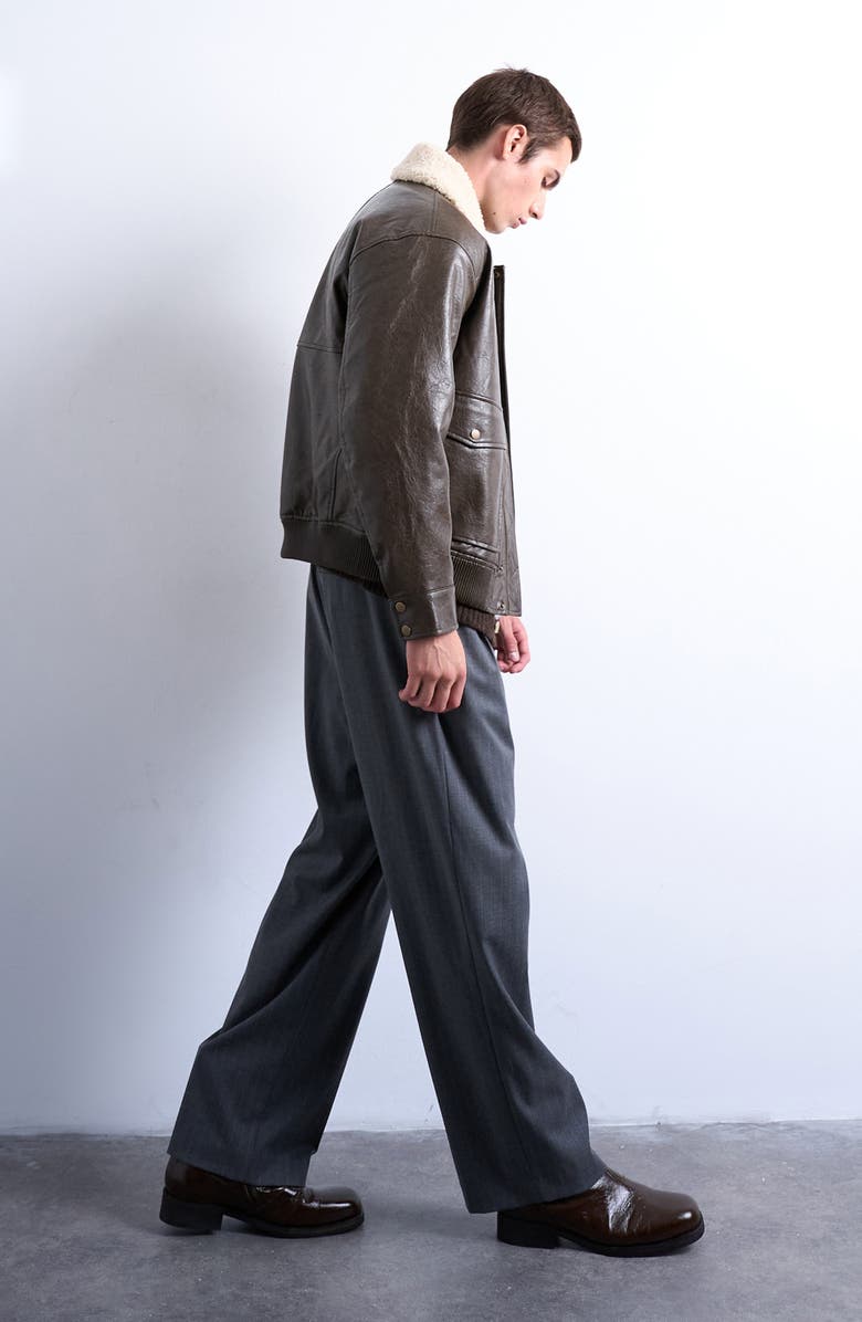 Topman Faux Shearling & Faux Leather Bomber Jacket, Alternate, color, Brown