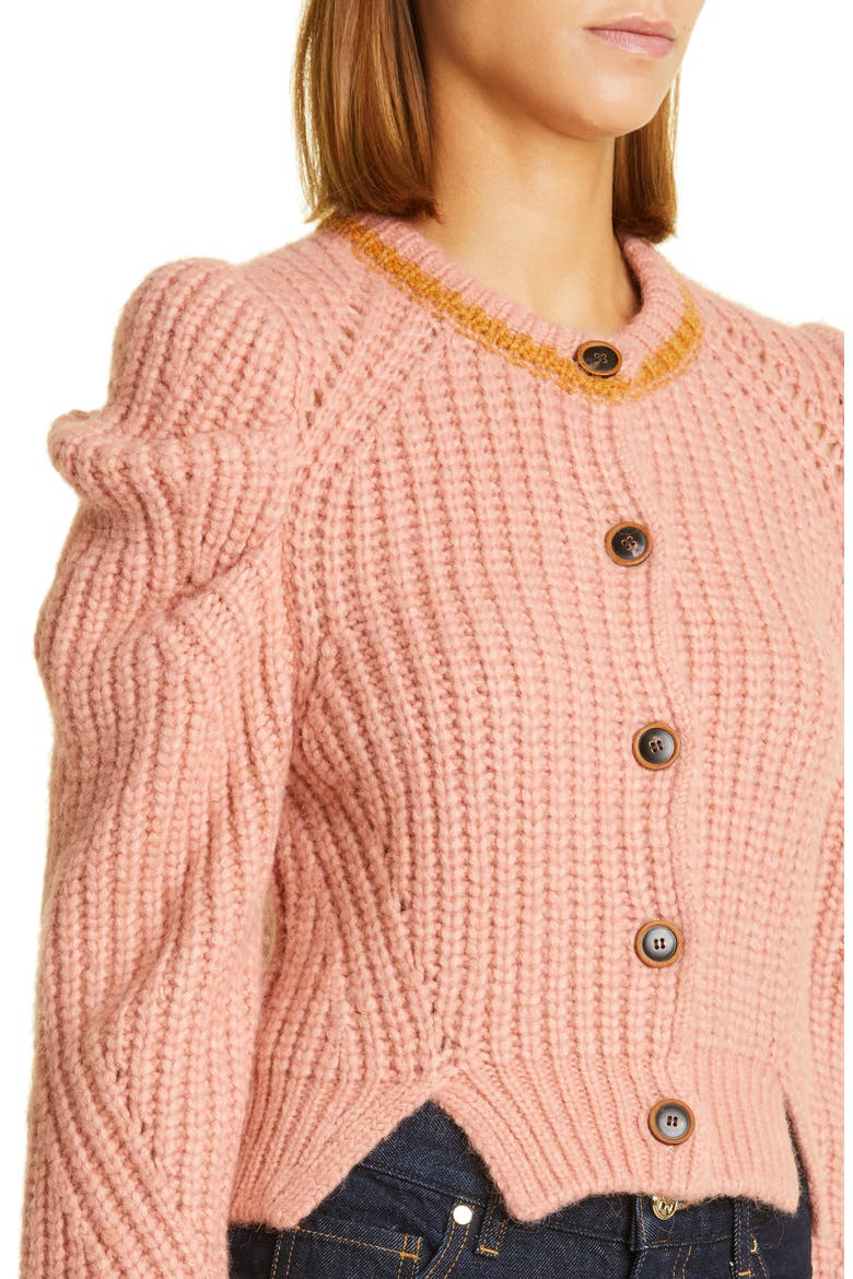 Elle Puff Sleeve Cardigan, Alternate, color, ROSEWOOD