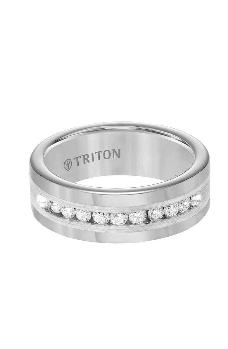 Triton 8MM Tungsten Diamond Ring with Channel Set Silver Satin Finish Inlay and Round Edge, Alternate, color, 