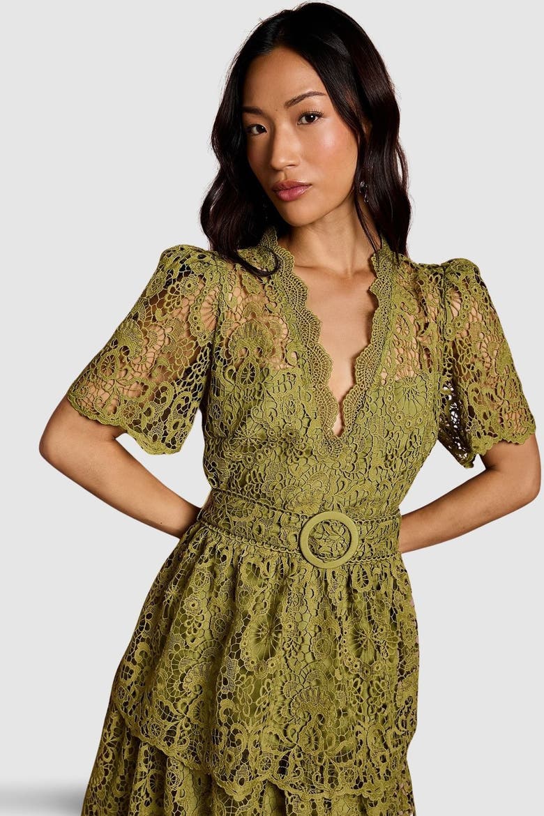 Short Sleeve Tiered Lace Midi Dress, Alternate, color, Olive