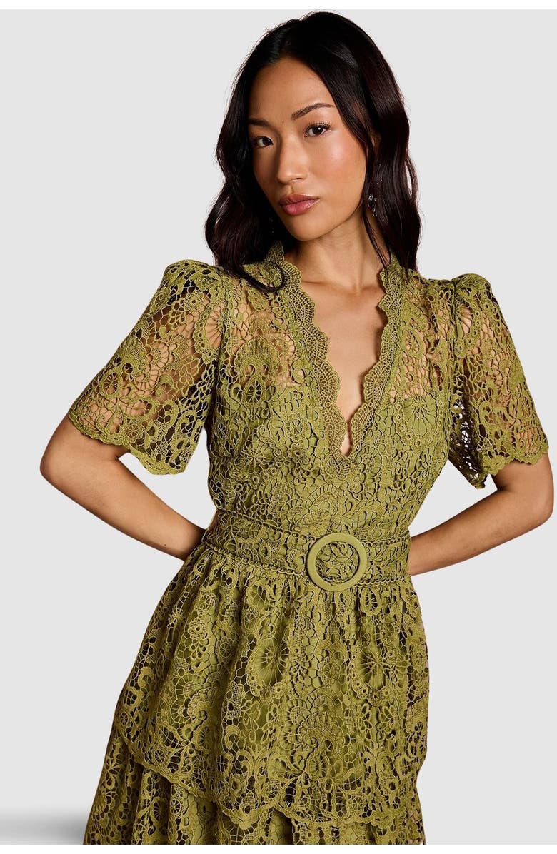 Coast Short Sleeve Tiered Lace Midi Dress, Alternate, color, Olive