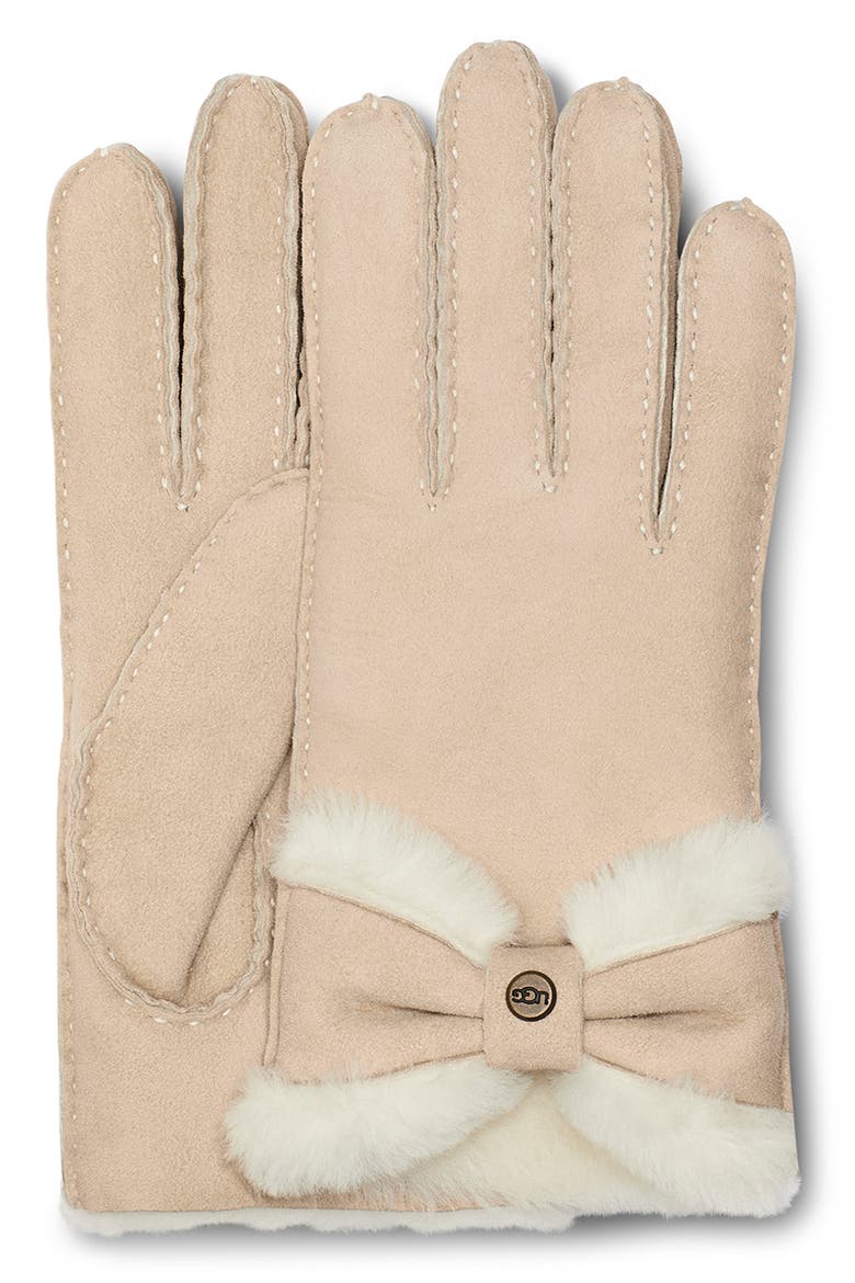 Bow Genuine Shearling Gloves, Alternate, color, SAND