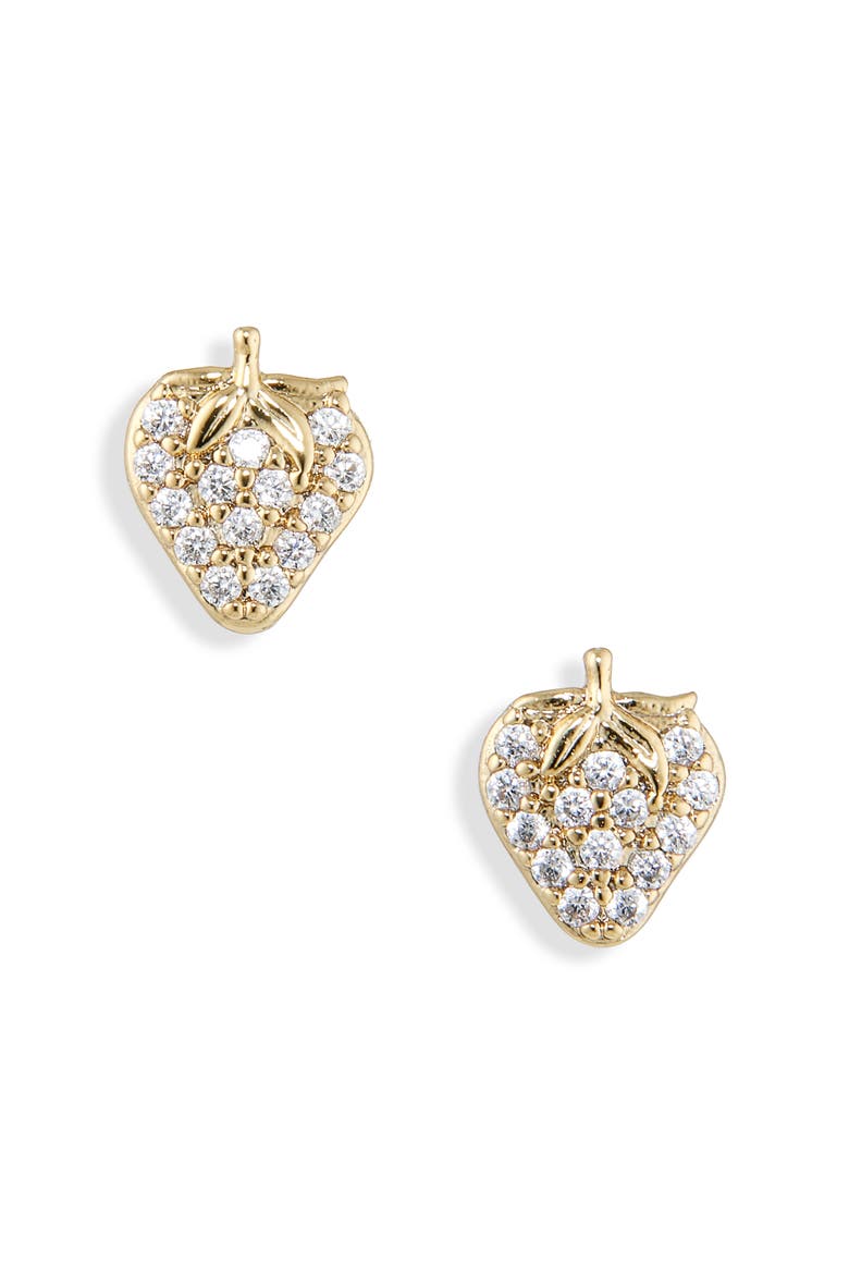 pavè strawberry stud earrings, Alternate, color, CLEAR/ GOLD