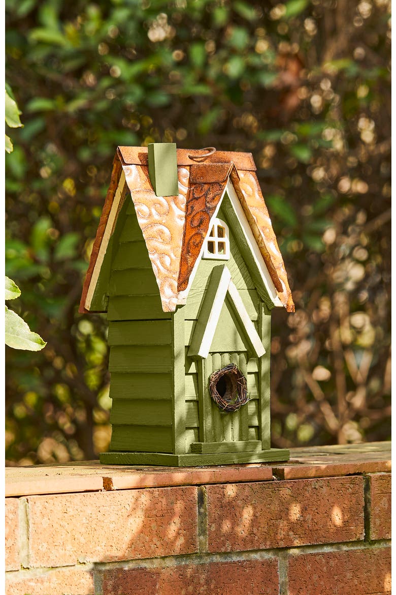 12"H Retro Distressed Painted Solid Wood Cottage Birdhouse, Alternate, color, Green